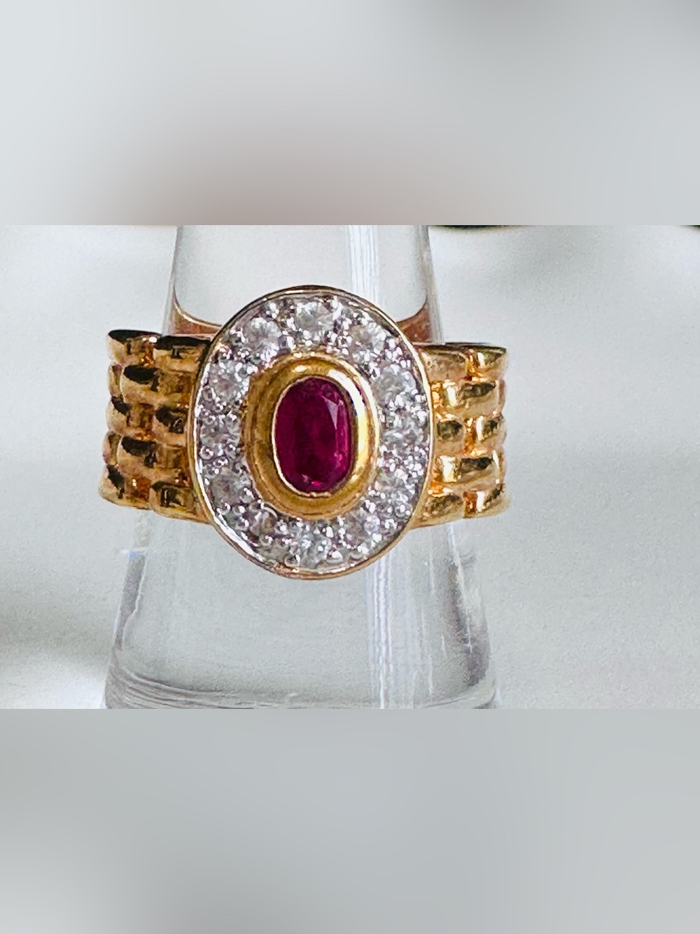 Vintage .925- Goldtone & Synthetic Ruby Ring By Edco-Size 8.5